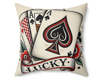Square Pillow, Vintage Tattoo LUCKY Design, Retro Charm, Housewarming Gift, Tattoo Lover, Soft Throw Pillow, Cool Home Decor