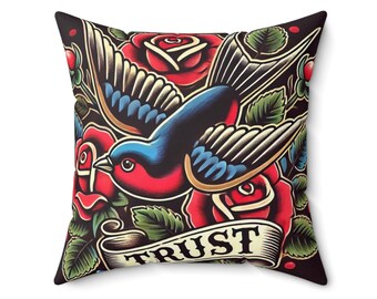 Square Pillow, Vintage Tattoo TRUST Design, Retro Charm, Housewarming Gift, Tattoo Lover Present, Soft Throw Pillow, Cool Home Decor