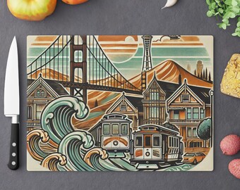 May include: A colorful illustration of a cityscape with the Golden Gate Bridge, two cable cars, and waves crashing in the foreground. The cityscape is painted in a retro style with a warm color palette.