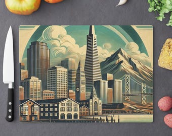 May include: A vintage-style illustration of the San Francisco skyline, featuring the iconic Golden Gate Bridge, a mountain, and the Transamerica Pyramid. The illustration is in a muted color palette with a blue sky and clouds.