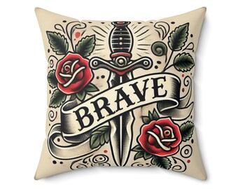 Square Pillow, Vintage Tattoo BRAVE Design, Retro Charm Housewarming Gift, Tattoo Lover, Soft Throw Pillow, Cool Home Decor