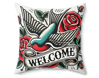 Square Pillow, Vintage Tattoo WELCOME Design, Retro Charm Home Decor, Housewarming Birthday Gift, Tattoo Lover, Soft Throw Pillow