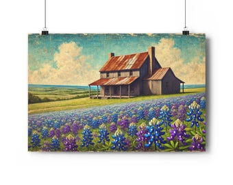 May include: A vintage-style print of a rustic farmhouse with a red roof, set against a backdrop of a vibrant field of blue and purple wildflowers. The sky is a soft blue with fluffy white clouds, creating a serene landscape.