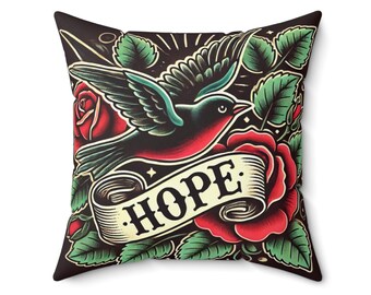 Square Pillow, Vintage Tattoo HOPE Design, Retro Charm, Housewarming Gift, Tattoo Lover Cushion, Soft Throw Pillow, Cool Home Decor