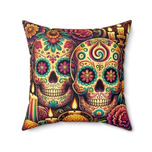 Day of the Dead Square Pillow, Sugar Skulls, Dia de los Muertos, Halloween Pillow, Day of the Dead Gift, Stylish Home Decor Throw Pillow
