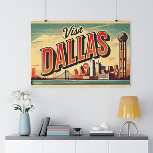Visitez Dallas Fine Art Print - décoration rétro, art mural carte postale vintage, impression giclée colorée de haute qualité, cadeau de voyage unique au Texas