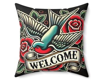 Square Pillow, Vintage Tattoo WELCOME Design, Retro Charm Home Decor, Housewarming Gift, Tattoo Lover, Soft Throw Pillow