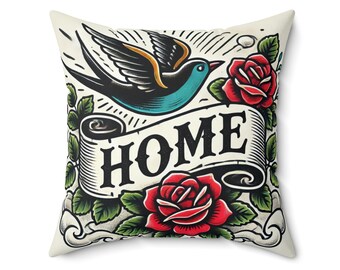 Square Pillow, Vintage Tattoo HOME Design, Retro Charm, Housewarming Gift, Tattoo Lover Cushion, Soft Throw Pillow, Cool Home Decor