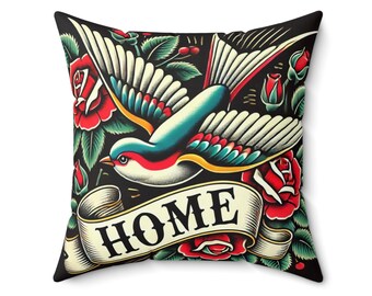 Square Pillow, Vintage Tattoo HOME Design, Retro Charm, Housewarming Gift, Tattoo Lover Cushion, Soft Throw Pillow, Cool Home Decor
