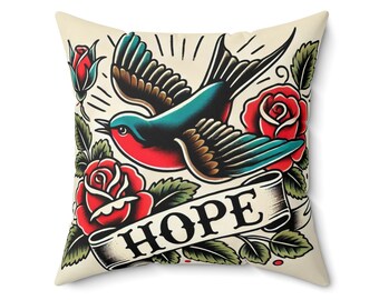 Square Pillow, Vintage Tattoo HOPE Design, Retro Charm, Housewarming Gift, Tattoo Lover Present, Soft Throw Pillow, Cool Home Decor