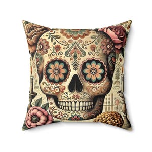 Day of the Dead Square Pillow, Colorful Sugar Skulls, Dia de los Muertos, Halloween Throw Pillow, Day of the Dead Gift, Goth Decor