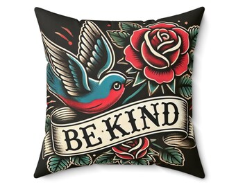 Square Pillow, Vintage Tattoo BE KIND Design, Retro Charm, Housewarming Gift, Tattoo Lover Cushion, Soft Throw Pillow, Cool Home Decor