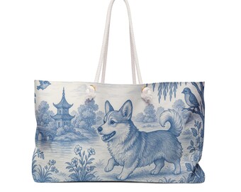Corgi Modern Chinoiserie Weekender Bag, Stylish Floral Travel Tote, Welsh Pembroke Dog Lover Gift, Weekend Getaway Bag, Pet Mom Accessory