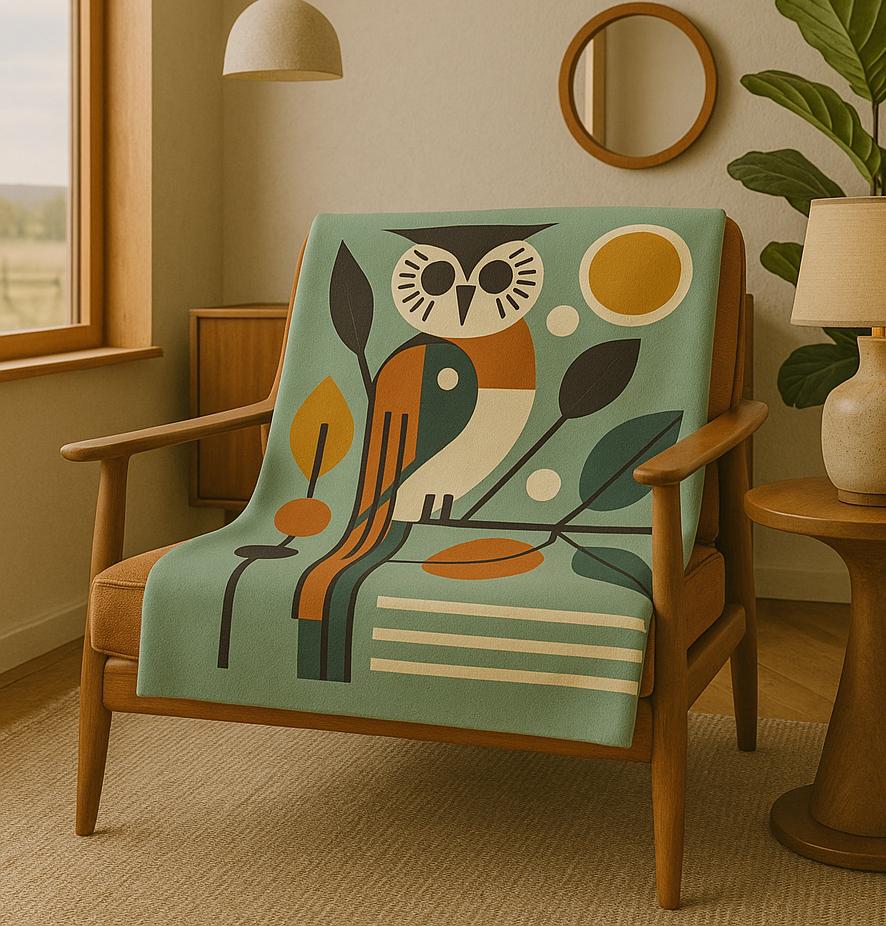 Velveten Blanket, Owl Mid-Century Modern Vibe, Vintage Charm, Cozy Owl Lover Throw, Home Decor Accen