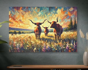 May include: A painting of three brown and white Highland cattle standing in a field of wildflowers. The cattle are silhouetted against a sunset sky with clouds. The painting is done in a painterly style with visible brushstrokes.