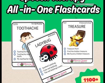 May include: A set of colorful speech therapy flashcards with illustrations and text. The cards feature words like "toothache", "ladybug", and "treasure". The text "1100+ CARDS" is displayed in a red box at the bottom of the image.
