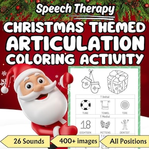以下が含まれることがあります： クリスマスをテーマにした発音練習の白黒塗り絵ページ。ページには、チューブ、タオル、タイヤ、ミトン、歯科医、ギフトボックスの画像が含まれています。ページには、「T Initial」、「T Medial」、「Eighteen」、「All Positions」のテキストも含まれています。