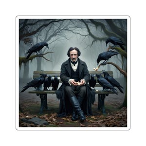 Square Stickers, Edgar Allan Poe feeding ravens goth dark aesthetic, Gothic Stickers, Dark Poetry Decals, Raven Lover Gifts, Literature