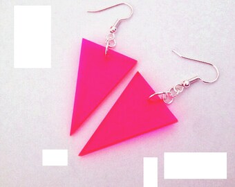 Neon Pink Dangle Earrings in Triangle Shape, Geometric Jewelry, Hot Pink Earrings