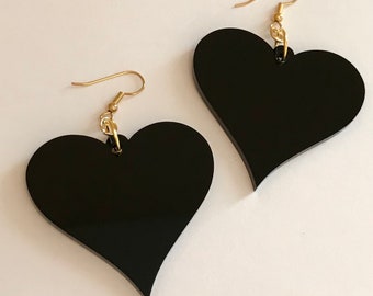 Black Heart Earrings in Large Size on Gold Plated Hooks, Lasercut Acrylic Plastic, Statement Earrings, Vertical Heart Shape Love Jewelry