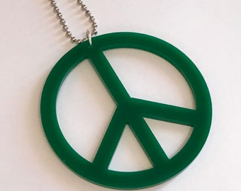 Peace Necklace in Green Laser Cut Acrylic, Large Peace Sign Jewelry, Statement Necklace, Hippie Jewelry