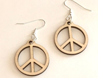 Wooden Peace Sign Earrings, Hippie Jewelry, Small Peace Sign Jewelry, Lasercut Wood Earrings