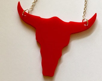 Southwestern Style Necklace, Red Cowskull Shape Statement Jewelry, Festival Style Jewelry, Hippie Style