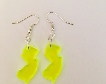 New Jersey Earrings in Fluorescent Neon Green Acrylic, State Earrings