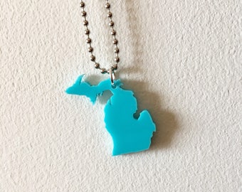 Michigan Necklace with Upper Peninsula, Turquoise Blue Acrylic, Michigan Jewelry, State Shape