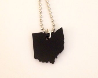 State Shape Necklace - Small Ohio Jewelry in Laser Cut Black Acrylic Plastic