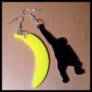 Banana Chimp Earrings Monkey Jewelry in Lasercut Acrylic, Dangle Earrings by Purple and Lime on Etsy image 1