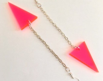 Neon Pink Geometric Style Earrings, Geometric Triangle Earrings, Chain Earrings, Lasercut Acrylic See Thru Plastic Dangle Earrings