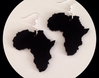 Africa Earrings, Shape of Africa Jewelry, Large Size Laser Cut Black Acrylic, Dangle Earrings