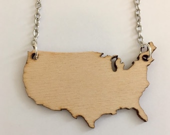 USA in Wood, Birch United States of America Necklace, Fourth of July, Wooden Necklace