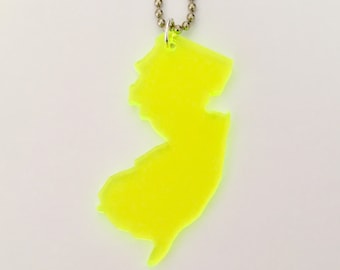 Neon State Necklace, Large New Jersey Necklace in Fluorescent Green Acrylic Plastic