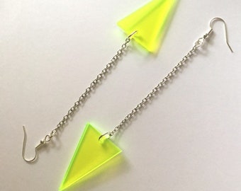 Neon Triangle Earrings, Geometric Jewelry, Neon Green Long Statement Earrings, See Thru Acrylic