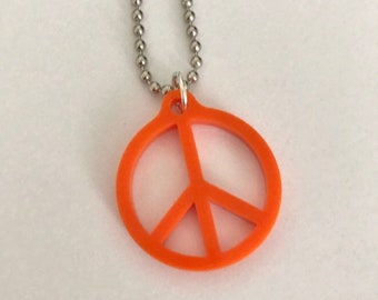 Small Peace Sign Necklace - Orange Acrylic Hippie Jewelry - Peace Sign Shape