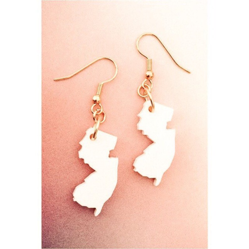 New Jersey Shape Earrings White Acrylic Laser Cut Plastic State Jewelry