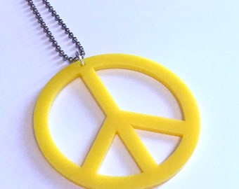 Yellow Peace Sign Necklace in Laser Cut Acrylic, Large Peace Sign Jewelry, Statement Necklace, Hippie Jewelry