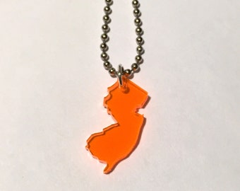 New Jersey Necklace, Neon Orange Small Size, Lasercut Acrylic Jewelry, State Love Necklace