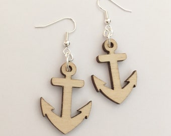 Wooden Anchor Shape Earrings, Nautical Earrings, Anchor Dangle Earrings, Wood Earrings