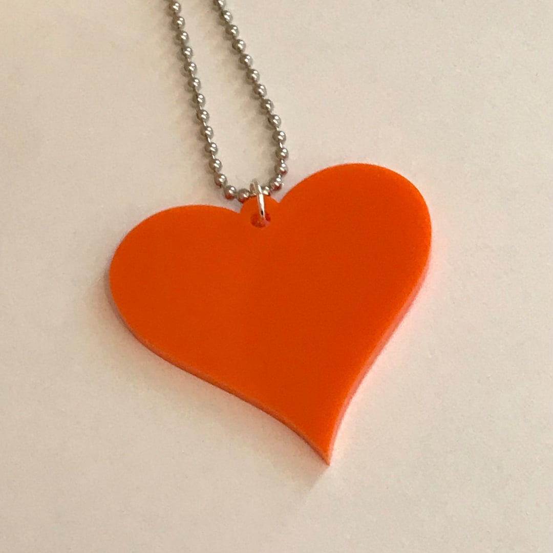 Orange Heart Necklace, Large Size Vertical Heart Love Jewelry, Lasercut