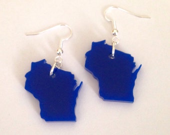 Wisconsin Earrings in Blue, US State Jewelry, Acrylic Jewelry, Wisconsin Shape