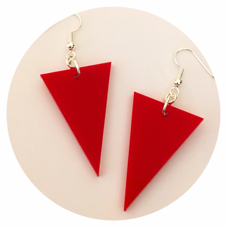 Geometric Earrings, Red Acrylic Triangle Earrings, Dangle Earrings, Geometric Jewelry, Womens Gift image 1