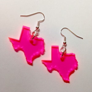 Texas Earrings in Neon Pink SeeThru Acrylic Plastic - State Earrings - Texas Jewelry