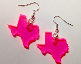 Texas Earrings in Neon Pink SeeThru Acrylic Plastic - State Earrings - Texas Jewelry