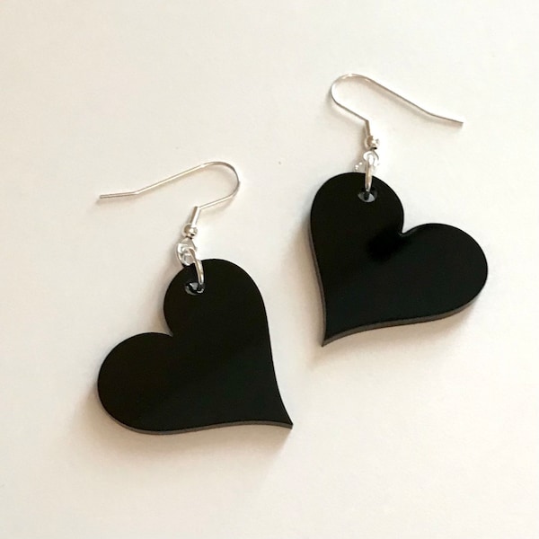 Black Heart Earrings, Acrylic Lasercut Earrings, Gothic Style Heart Jewelry