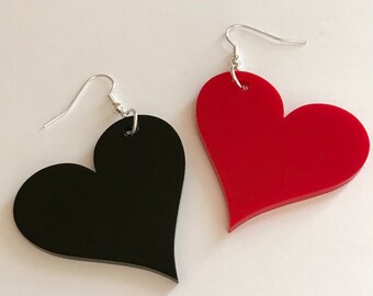 Red and Black Mismatched Heart Earrings, Statement Earrings in Lasercut Acrylic Plastic, Statement Jewelry, Heart Shape Love Jewelry