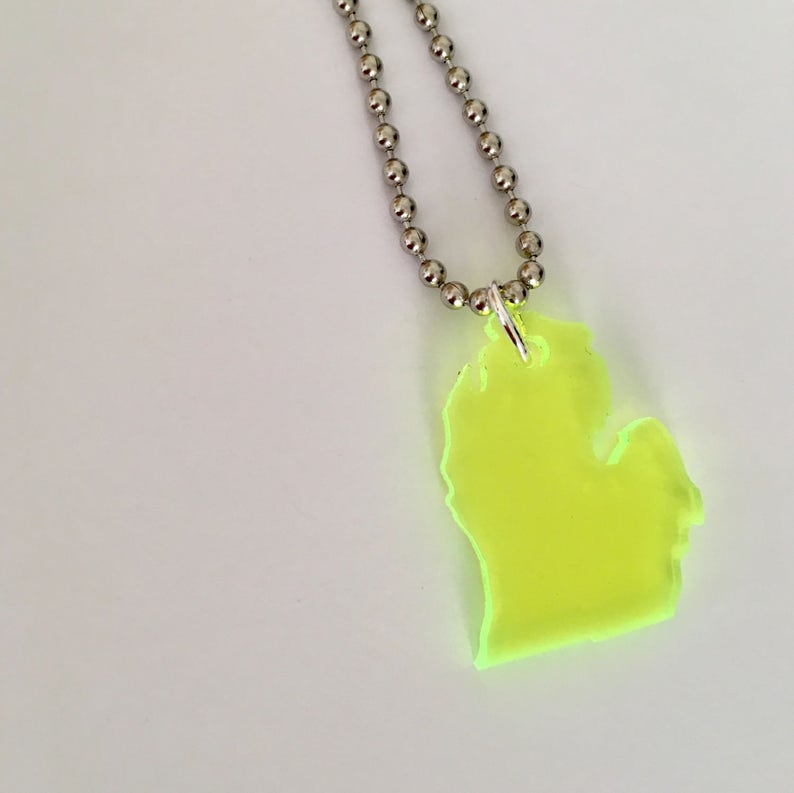 Neon Michigan Necklace Small Size State Jewelry Fluorescent Green Pendant State Necklace image 1