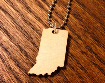 Wooden Indiana Necklace, US State Jewelry in Birch Wood